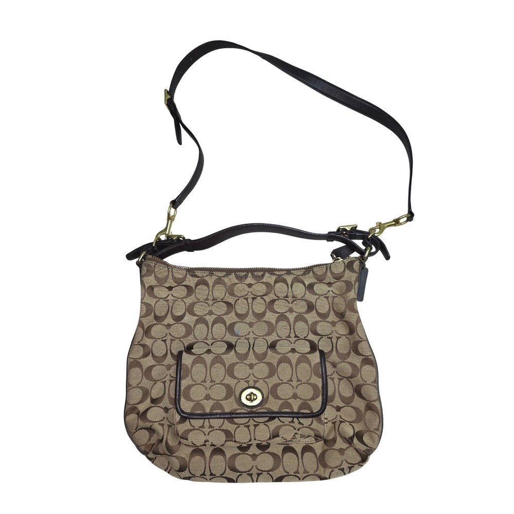 Coach Signature Khaki Brown Canvas Crossbody Shoulder Bag Turnlock Pocket M1076